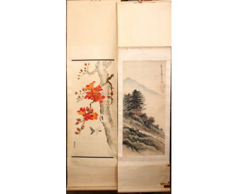 FOUR CHINESE SCROLL PAINTINGS, early 20th Century and later, two mountainous landscapes, another with a flowering tree and bi