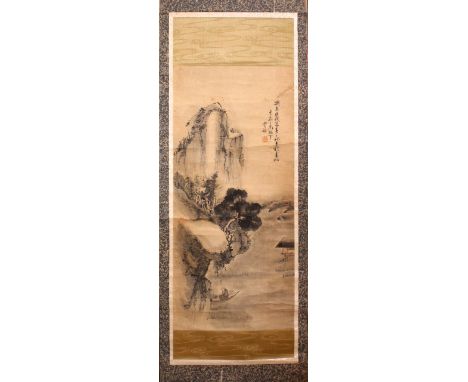 AN EARLY 20TH CENTURY CHINESE SCROLL PAINTING, with a fisherman in a boat on a lake beneath a mountainous, image size 104cm x