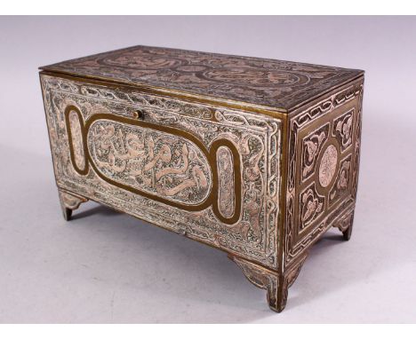 A GOOD LATE 19TH CENTURY ISLAMIC SILVER INLAID BRASS RECTANGULAR CASKET, each side with panels of calligraphy, 20cm wide, 12c