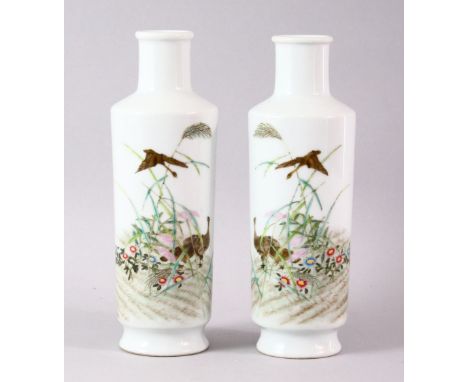 A PAIR OF SMALL REPUBLIC STYLE BOTTLES VASES, each painted with geese amongst flowers with calligraphy to the reverse, printe