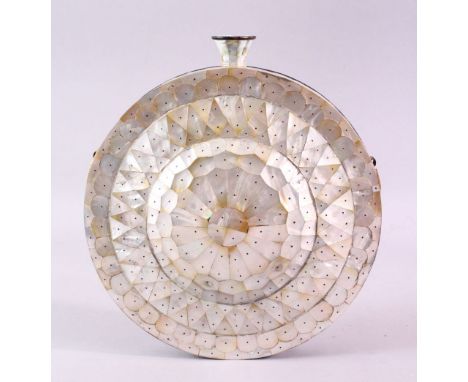 A GOOD 19TH CENTURY GOAN MOTHER OF PEARL CIRCULAR WATER FLASK, 23cm diameter.