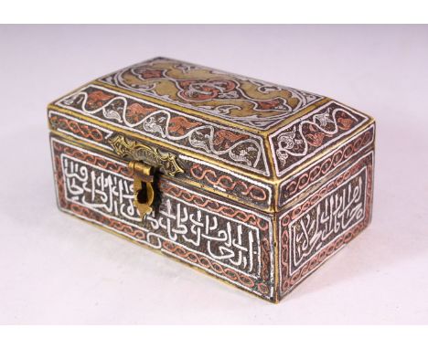 A GOOD SMALL 19TH CENTURY SYRIAN SILVER, COPPER AND BRASS CASKET, with panels of calligraphy, 10.5cm wide, 6cm high, 7cm deep