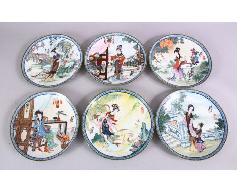 A SET OF SIX CHINESE FAMILLE ROSE PORCELAIN PLATES, each with a different view of a female figure interior, with calligraphy 