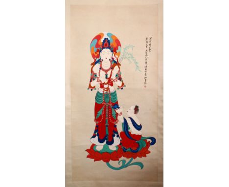 A GOOD 20TH CENTURY CHINESE SCROLL PAINTING, painted with a standing female deity, an attendant kneeling by her side, signed 