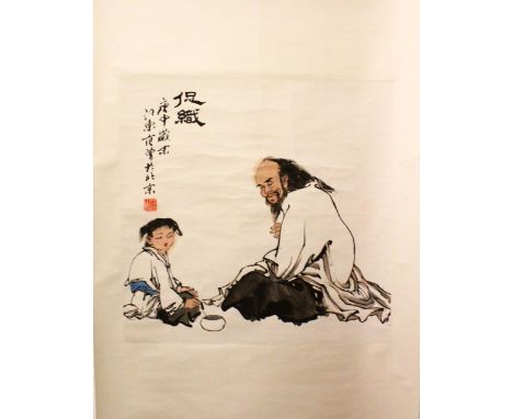 A CHINESE SCROLL PAINTING OF TWO FIGURES - FANG ZENG, depicting two seated figures, signed and sealed for Fang Zeng.