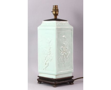 A CHINESE CELADON LOZENGE SHAPED VASE, with moulded decoration, converted to a lamp, overall height 40cm.