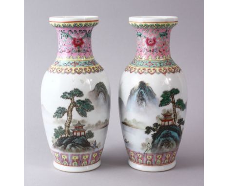 A PAIR OF CHINESE REPUBLIC STYLE FAMILLE ROSE PORCELAIN VASES, decorated with landscape scenes waterside, with calligraphy, t