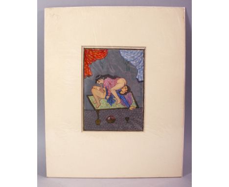 AN INDIAN HAND PAINTED MANUSCRIPT PAGE, depicting a couple in erotic scene, image size 19cm x 14cm.