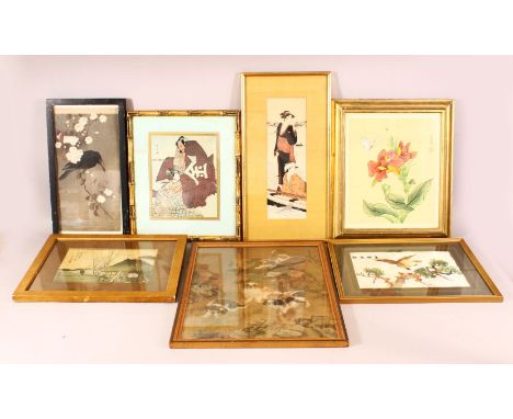 A MID 20TH CENTURY SCHOOL CHINESE PAINTING ON SILK depicting four shi-shi dogs in a landscape, image 46cm x 34cm, together wi