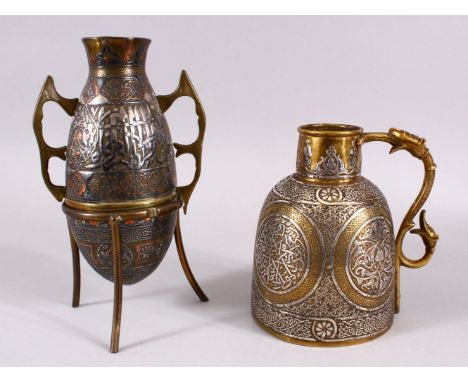 TWO FINE 19TH CENTURY DAMASCUS SILVER INLAID MAMLUK REVIVAL VESSELS, with roundel decoration inlaid , also with calligraphy, 