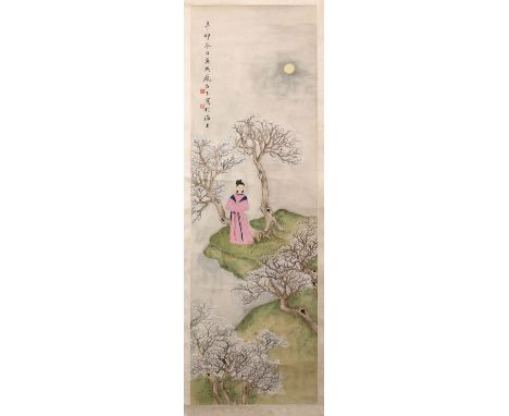 A 20TH CENTURY CHINESE SCROLL PAINTING, depicting a young lady standing a landscape setting beneath a full moon, signed and w