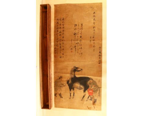 AN EARLY 20TH CENTURY CHINESE SCROLL PAINTING, a standing horse with two attendants, with three panels of text and red seal m