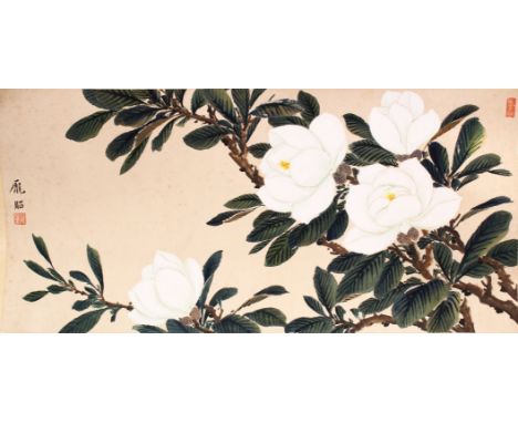 A GOOD 20TH CENTURY CHINESE SCROLL PAINTING, depicting a tree large white blossom, signed and with two red seal marks, 66cm x