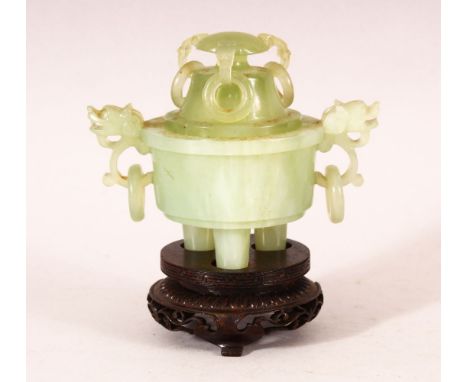 A SMALL CHINESE JADE CENSER, COVER AND STAND, 12cm wide.