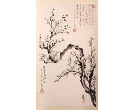 A GOOD 20TH CENTURY CHINESE SCROLL PAINTING depicting a flowering cherry blossom tree, image size 68cm x 34cm, and two others