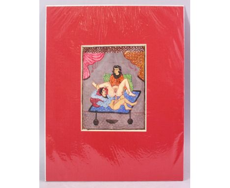AN INDIAN HAND PAINTED MANUSCRIPT PAGE, depicting a couple in erotic scene, image size 19cm x 14cm.