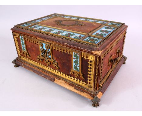 AN UNUSUAL POSSIBLY ISLAMIC ENAMEL AND LEATHER BOUND WOODEN BOX, with inset enamel panels, leather bound, with a makers mark 