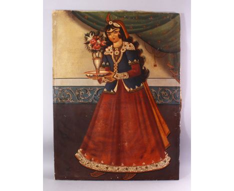 AN EARLY 20TH CENTURY INDIAN SCHOOL FULL LENGTH PORTRAIT OF A WOMAN carrying a dish and vase of flowers, on stretchers - unfr