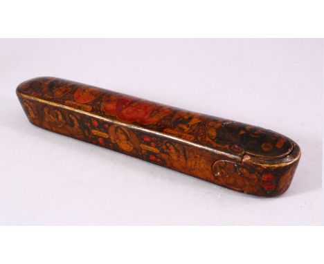 A GOOD QAJAR QUALAMDAN / PAPIER MACHE PENBOX, well painted with portrait busts and figure groups, 21cm long.