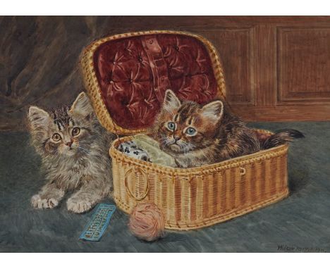 JOHN WILSON HEPPLE (BRITISH, 1854-1937) (2)Kittens playing with a basket; Kittens playing with a tea caddy, a pair each signe