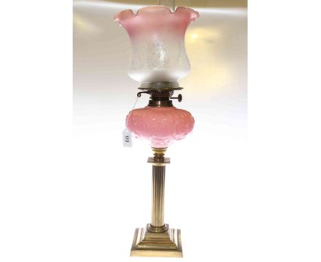 Brass column oil lamp with pink glass reservoir and etched shade