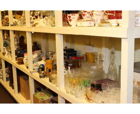 Full shelf of glass and china, metalware, fur-hat and stole, vintage Arial radio, Copenhagen and Lladro birds, etc