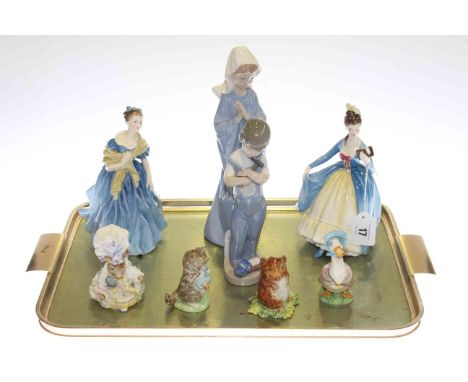 Two Royal Doulton, Lladro and Nao figures and four Beswick Beatrix Potter figures