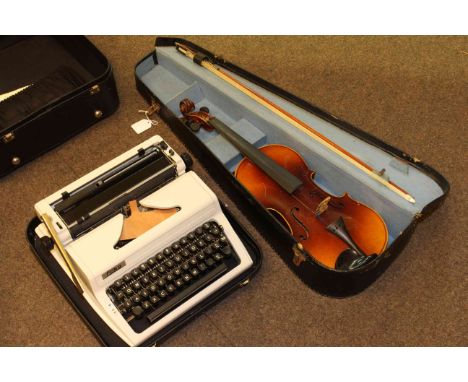 Cased violin and bow, cased typewriter and two suitcases