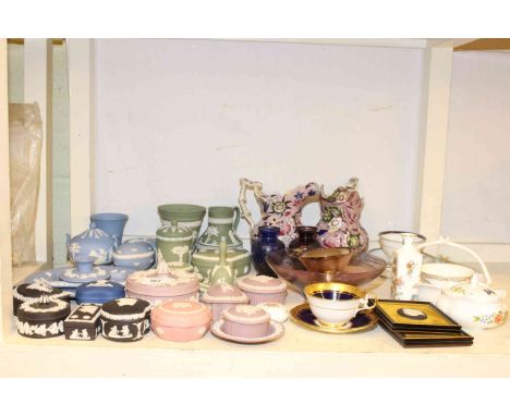 Collection of Wedgwood Jasperware, two Faience jugs, pair of overlay glass vases, Aynsley, etc