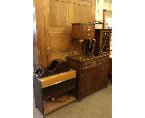 Philips hostess trolley, two wall cabinets, two drawer pedestal, dresser base, firescreen, Victorian cornice pole and rings (