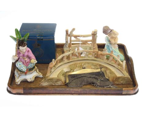 Royal Worcester figure 'August', Blushware four bar gate and posy bowl with fence, Edwardian chain purse, bell and figure
