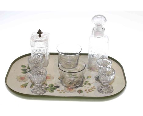 Early 19th Century engraved glass decanter, cut glass casket caddy, four 19th Century cut glass salts and pair of 18th Centur