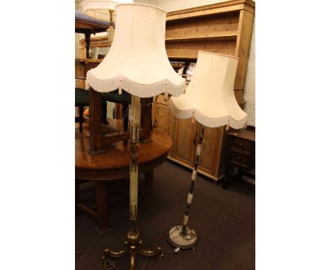 Two onyx standard lamps and shades and onyx table lamp and shade (3)