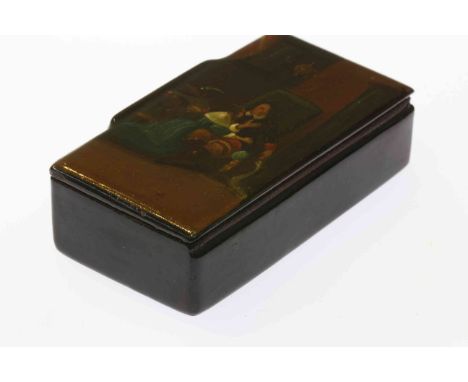 19th Century papier-mache snuff box, the cover painted with 18th Century figures, 8cm