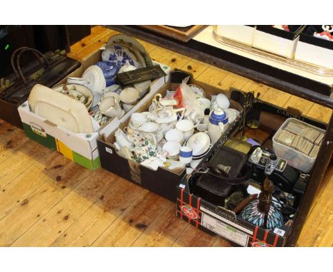 Vintage cameras, figure lamp, postal scales, collectors cards, teawares, figures, Ringtons, doctors bag, etc in three boxes