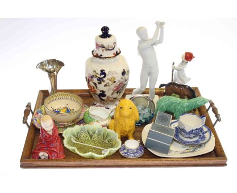 Royal Worcester and Doulton figures, Masons lidded jar, Kieser golfing figure, Sylvac bear and various china, silver vase, et