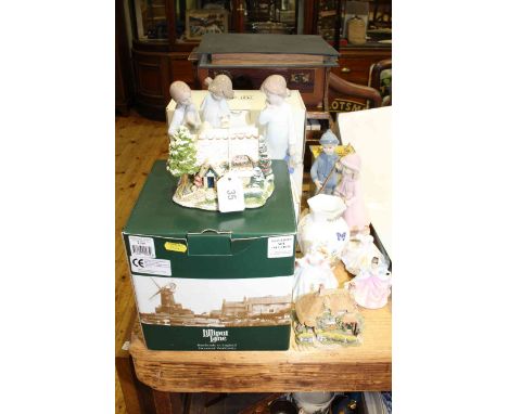 Royal Doulton and Nao figures, Lilliput Lane cottage, toy piano, firescreen, stamp album and clock