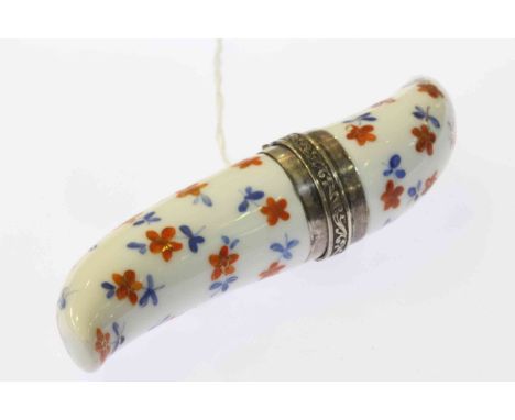 Continental porcelain pistol shaped scent flask, with white metal mounts, 11cm