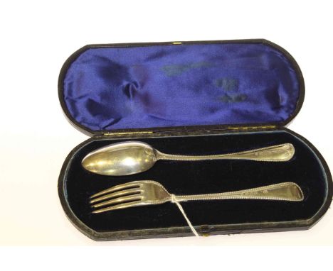 Victorian silver christening fork and spoon, London 1871, Old English bead pattern, cased, monogrammed