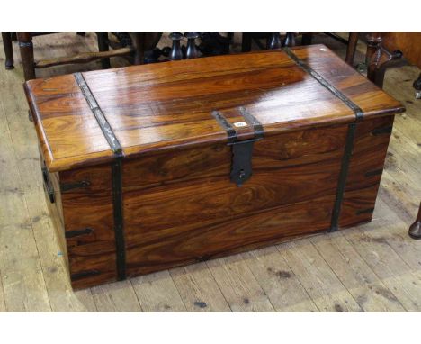 Metal mounted teak trunk, 102cm wide