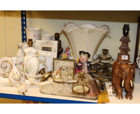 Petit Point and glass dressing table ware, Aynsley china, wood elephant lamp and shade, china, posies, etc