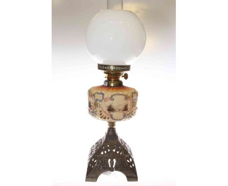 Cast based oil lamp with painted glass reservoir and opaque shade