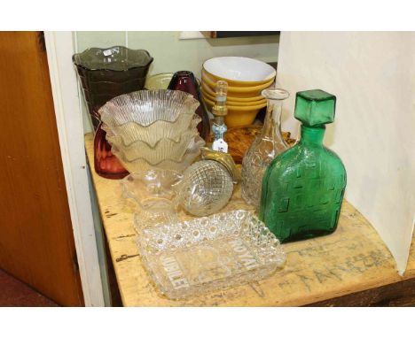 Collection of glassware including shades, vases, lamp, etc