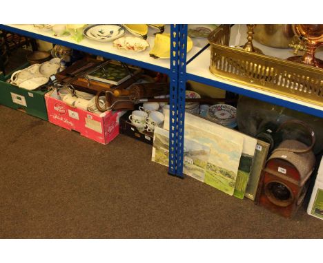 Glass carbouy, railway lamp, assorted teaware, shooting stick, parasol, riding crop, watercolours, etc