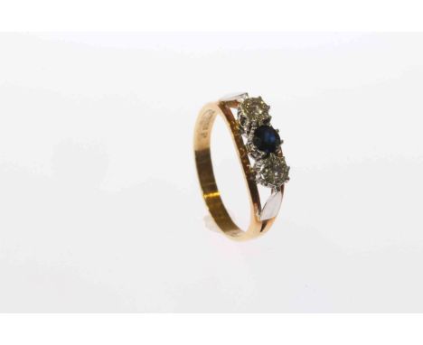 18 carat gold three-stone sapphire and diamond ring, size R