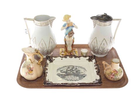 Royal Worcester figure Peter Pan, three Worcester blush pieces, lustre plaque and two Victorian Argos Corbridge jugs