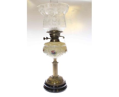 Brass column oil lamp with painted glass reservoir and etched shade
