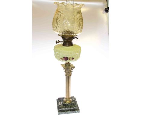 Brass corinthian column oil lamp on marble stepped base with painted glass reservoir and moulded shade