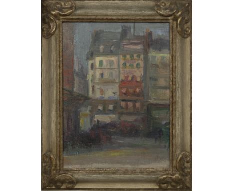 GEORGE LESLIE HUNTER (SCOTTISH 1877 - 1931), CORNER OF A SQUARE AT NIGHT, PARIS, oil on panel, signed, titled label verso ima
