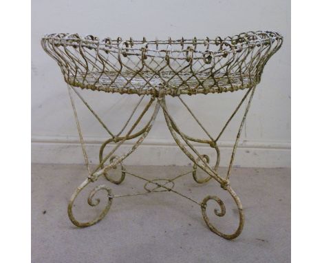 A late Victorian white painted, wire framed terrace planter frame, the shallow basket elevated on a scrolled underframe  20''